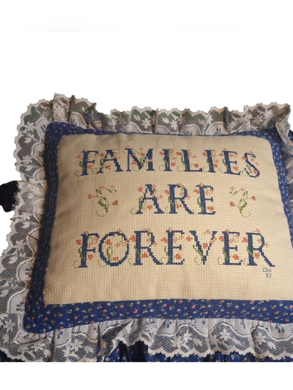 Vintage 1980s Completed Cross Stitch Pillow, Families Are Forever Cottagecore...